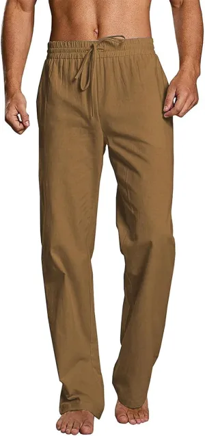 Mens Casual Linen Pants Drawstring Straight Legs Elastic Waist Sweatpants Lightweight Loose Pant Fashion Trousers