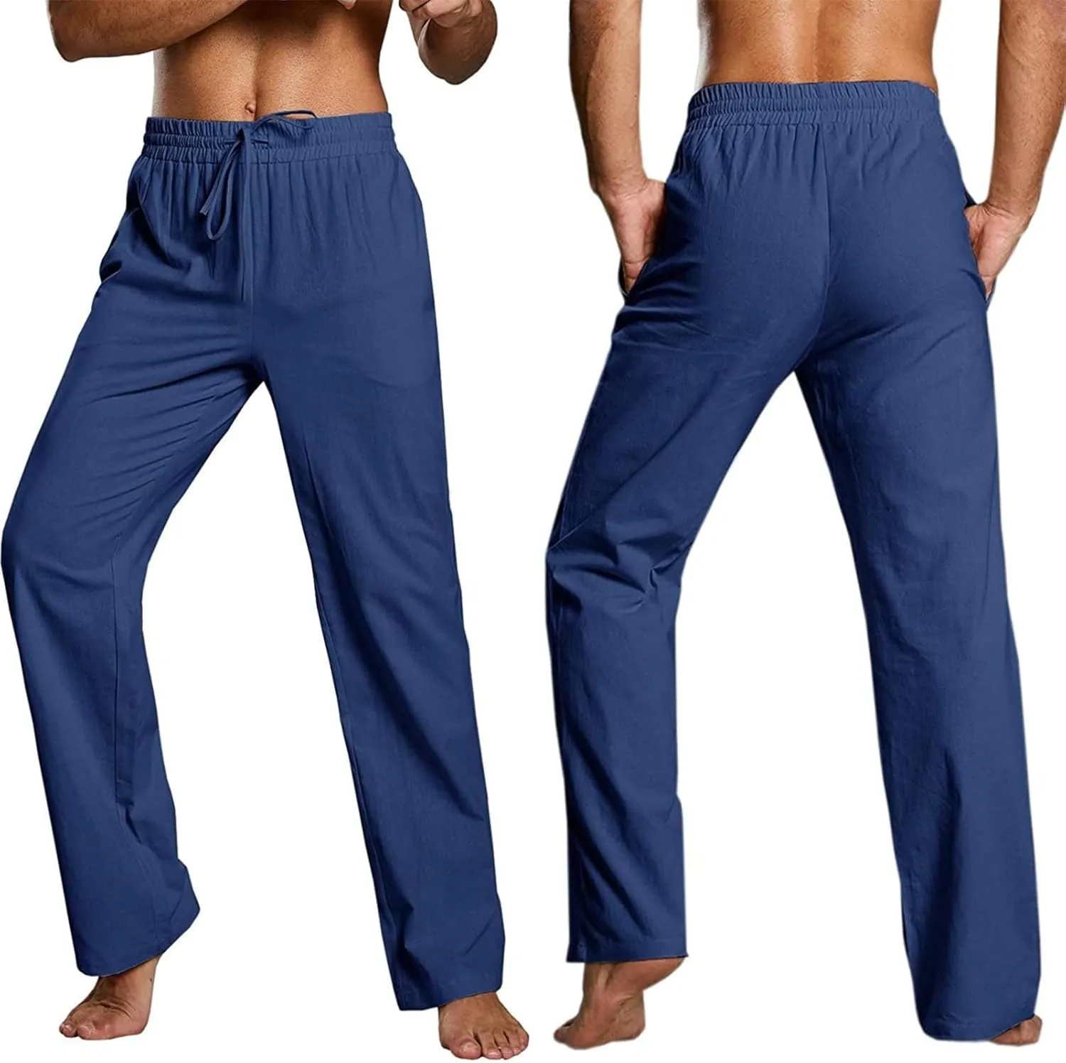 Mens Casual Linen Pants Drawstring Straight Legs Elastic Waist Sweatpants Lightweight Loose Pant Fashion Trousers