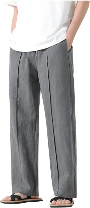 Men's Casual Linen Pants Elastic Waist Drawstring Straight Beach Pants Lightweight Loose Solid Joggers Trousers