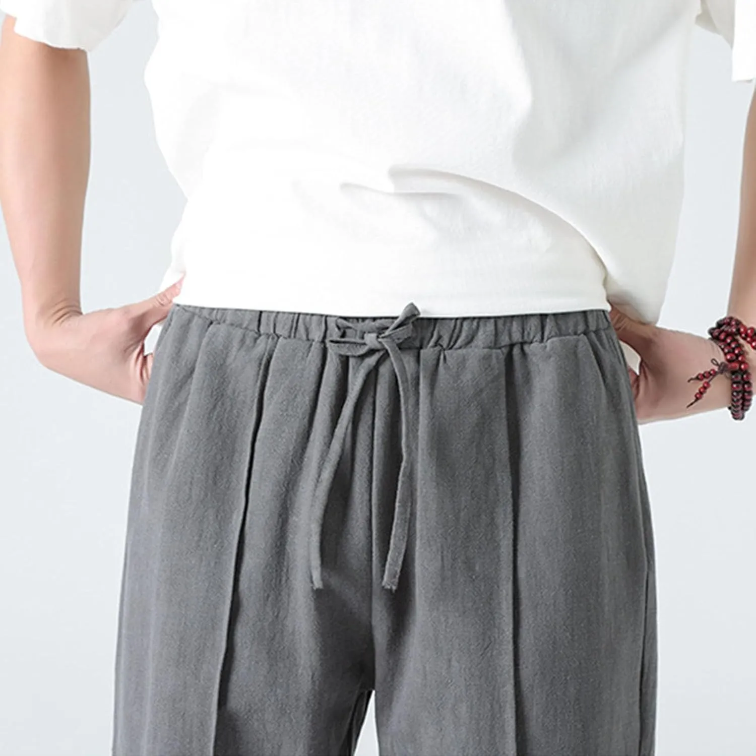 Men's Casual Linen Pants Elastic Waist Drawstring Straight Beach Pants Lightweight Loose Solid Joggers Trousers