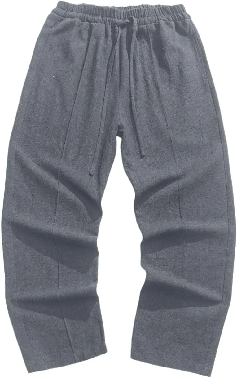 Men's Casual Linen Pants Elastic Waist Drawstring Straight Beach Pants Lightweight Loose Solid Joggers Trousers