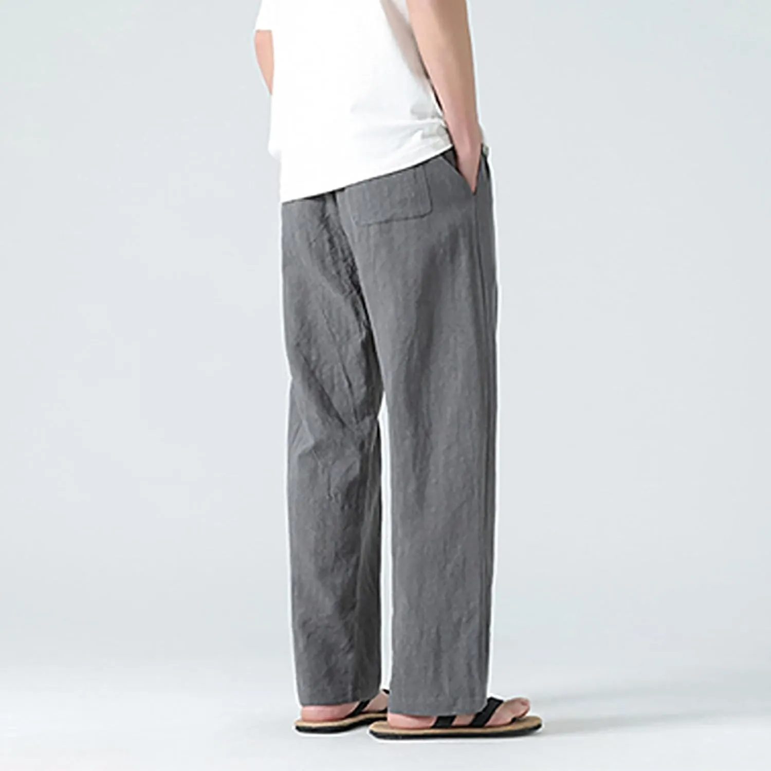 Men's Casual Linen Pants Elastic Waist Drawstring Straight Beach Pants Lightweight Loose Solid Joggers Trousers