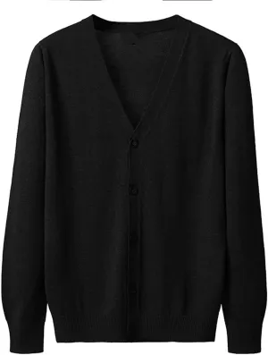 Men's Casual Long-Sleeve Soft Touch Cardigan Sweater Slim Fit Thin Knitted Top V Neck Buttons Solid Sweater Coat (Black,Medium Large)