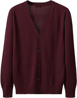 Men's Casual Long-Sleeve Soft Touch Cardigan Sweater Slim Fit Thin Knitted Top V Neck Buttons Solid Sweater Coat (Red Wine,Medium)