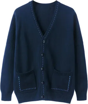 Men's Casual Long-Sleeve Soft Touch Cardigan Sweaters Loose Fit Jacquard Knitwear Top V Neck Buttons Solid Sweater Coat (Royal Blue,Medium)
