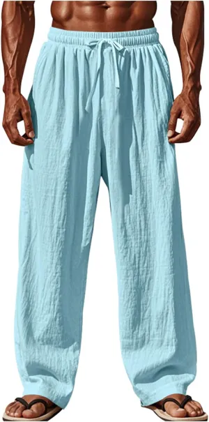 Mens Casual Wide Leg Pants Drawstring Elastic Waist Jogger Yoga Pants Summer Loose Fit Beach Trousers with Pockets