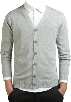 Men's Classic Long-Sleeve Soft Touch Cardigan Sweater Loose Fit Thin Knitted Top Spring Autumn V Neck Buttons Sweater Coat (Grey,Medium)