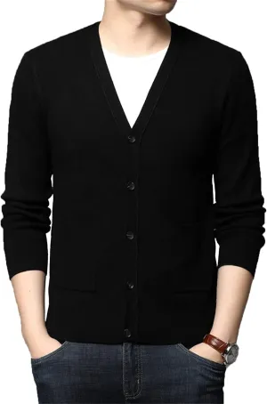 Men's Classic Long-Sleeve Soft Touch Cardigan Sweater Slim Fit Thin Knitted Top V Neck Buttons Sweater Coat with Pockets (Black,185)