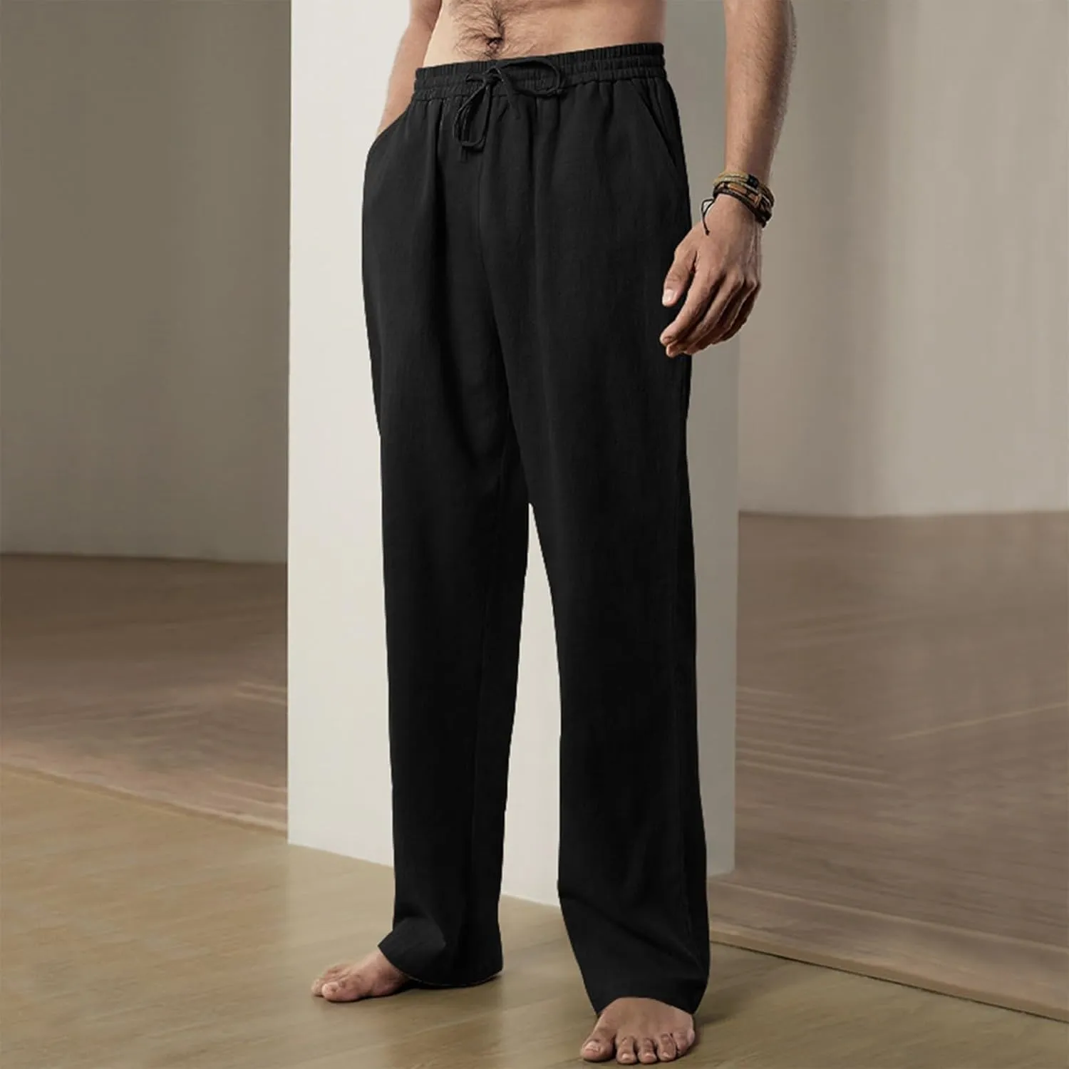 Men's Cotton Blend Pants Elastic Waist Drawstring Sweatpants with Pockets Loose Fit Joggers Workout Trousers