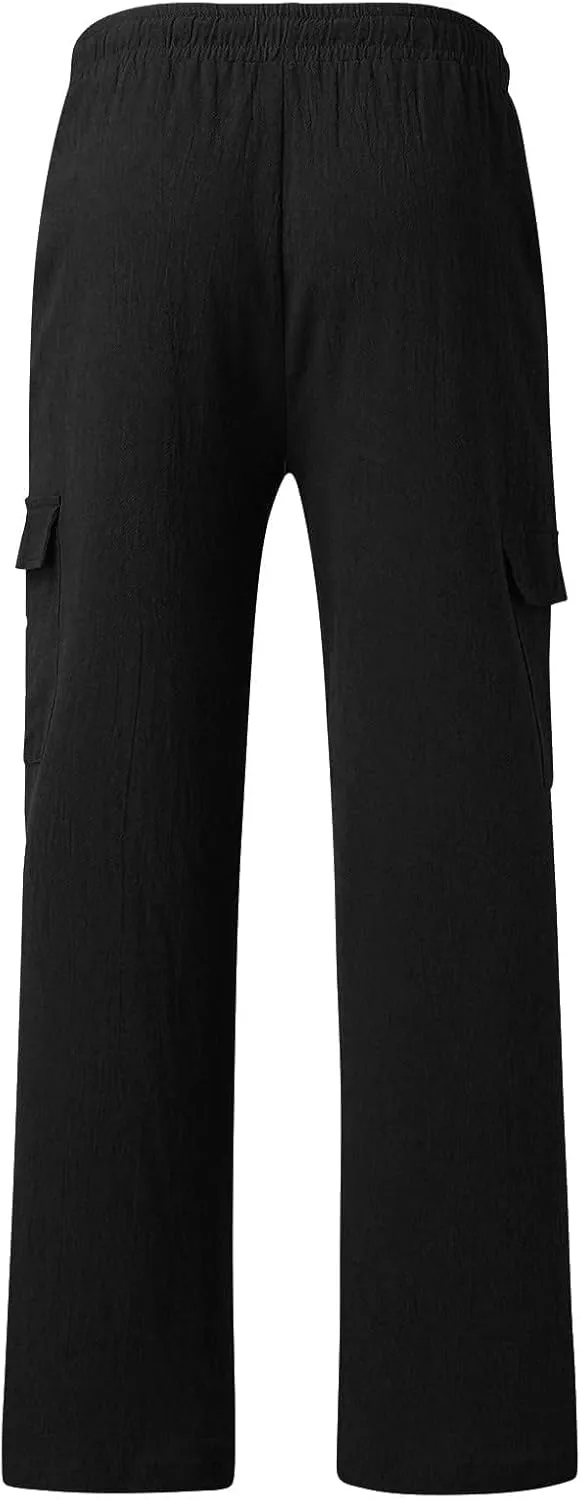 Mens Cotton Linen Cargo Pants Lightweight Elastic Waist Casual Sweatpants Drawstring Straight Loose Fit Trousers