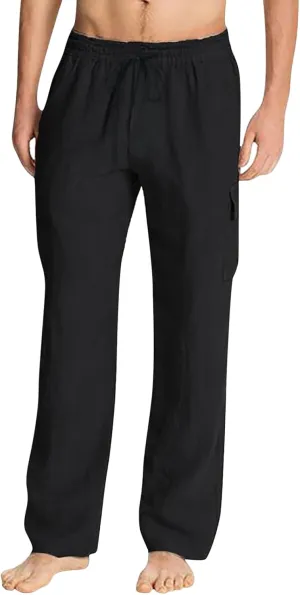 Mens Cotton Linen Cargo Pants Lightweight Elastic Waist Casual Sweatpants Drawstring Straight Loose Fit Trousers