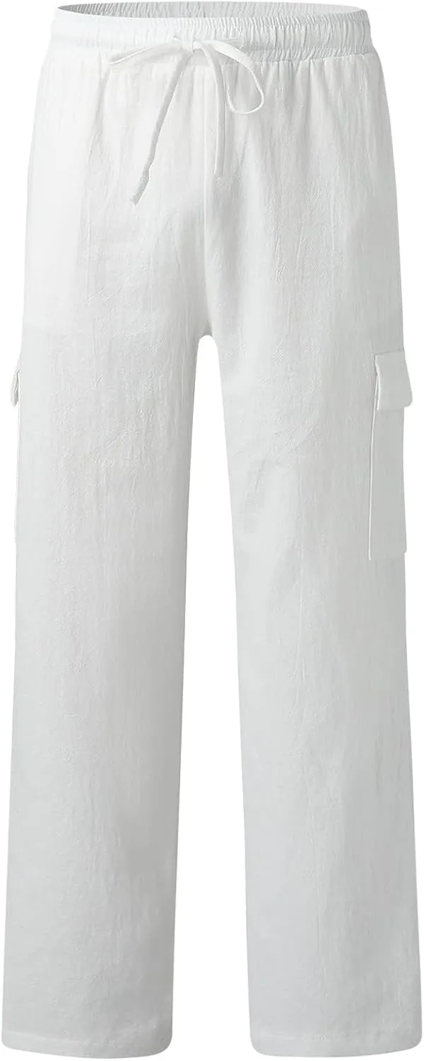 Mens Cotton Linen Cargo Pants Lightweight Elastic Waist Casual Sweatpants Drawstring Straight Loose Fit Trousers