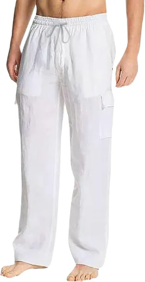 Mens Cotton Linen Cargo Pants Lightweight Elastic Waist Casual Sweatpants Drawstring Straight Loose Fit Trousers