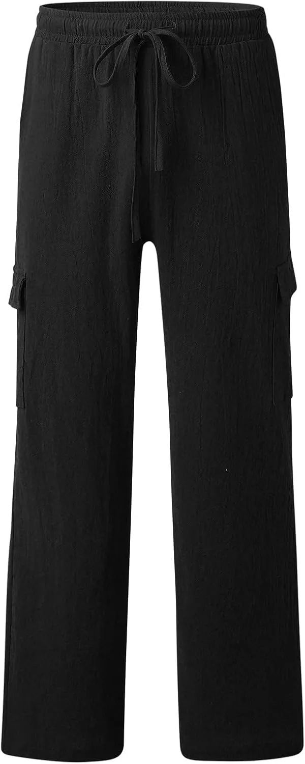 Mens Cotton Linen Cargo Pants Lightweight Elastic Waist Casual Sweatpants Drawstring Straight Loose Fit Trousers