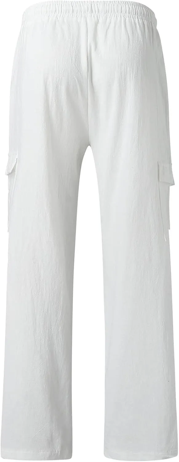 Mens Cotton Linen Cargo Pants Lightweight Elastic Waist Casual Sweatpants Drawstring Straight Loose Fit Trousers