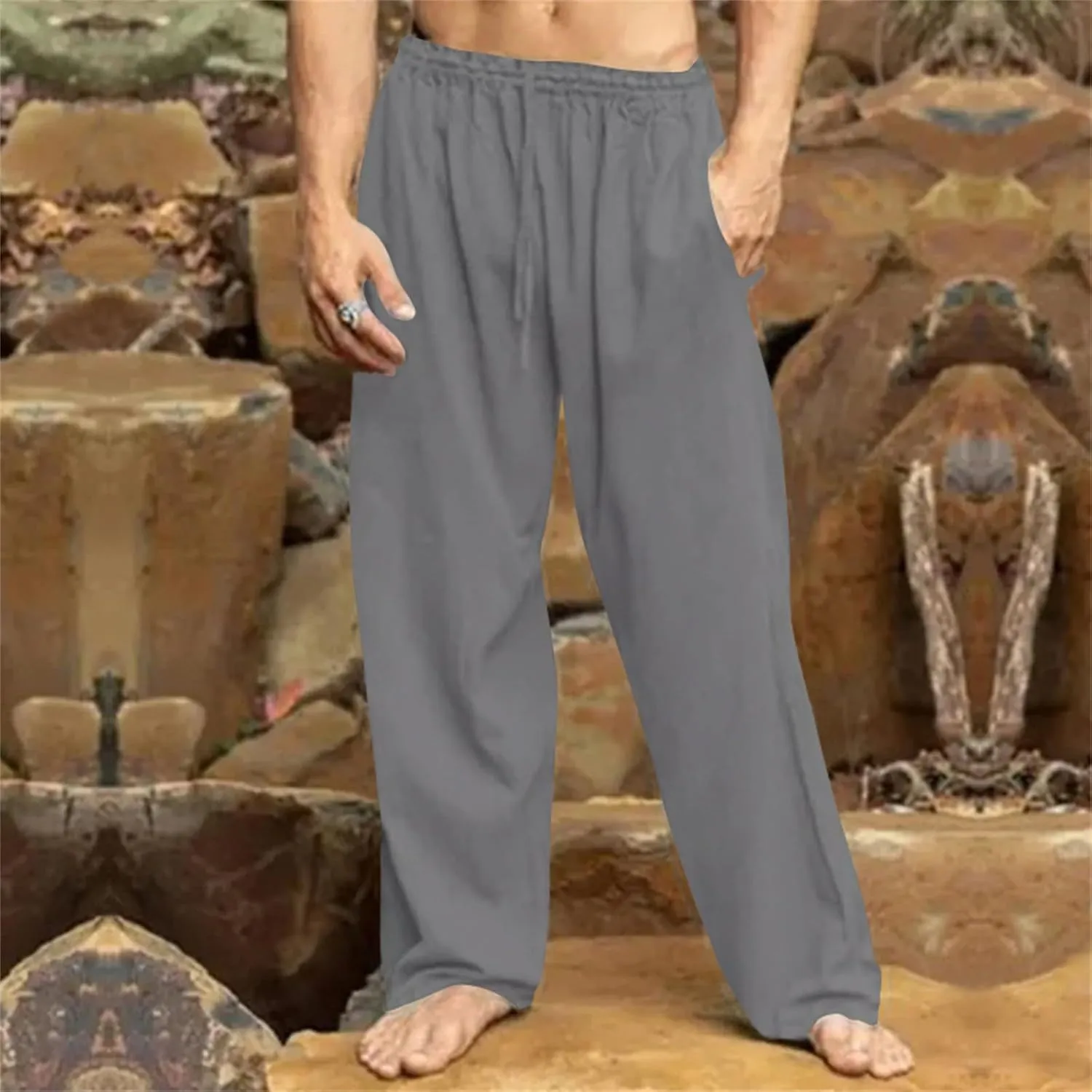 Mens Cotton Linen Drawstring Pants Lightweight Summer Casual Loose Yoga Jogger Pant Elastic Waist Wide Leg Sweatpants