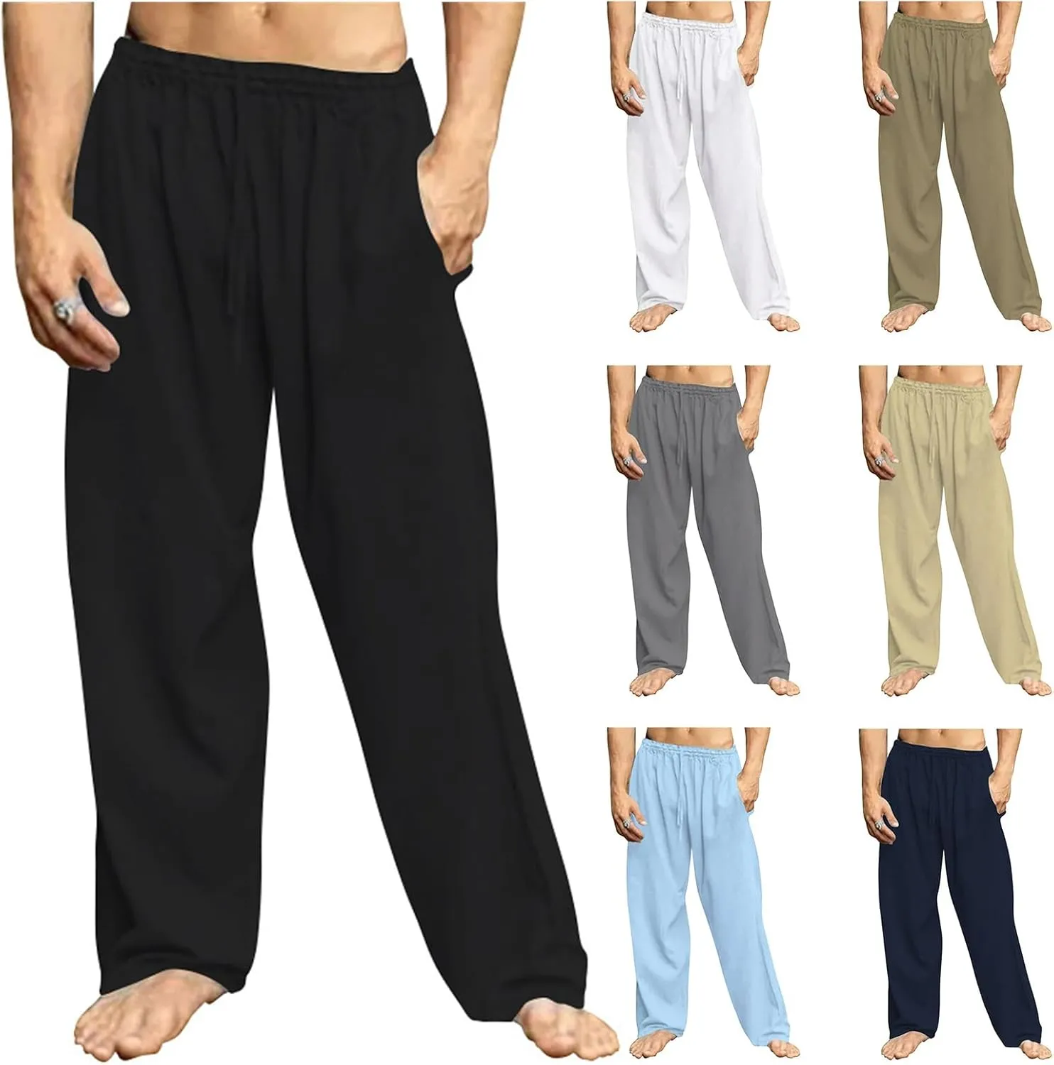 Mens Cotton Linen Drawstring Pants Lightweight Summer Casual Loose Yoga Jogger Pant Elastic Waist Wide Leg Sweatpants