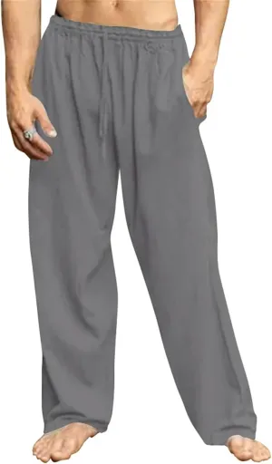 Mens Cotton Linen Drawstring Pants Lightweight Summer Casual Loose Yoga Jogger Pant Elastic Waist Wide Leg Sweatpants