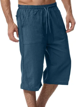 Men's Cotton Linen Pant Drawstring Capri Pants 3/4 Long Shorts for Men Lightweight Elastic Waist Casual Trousers