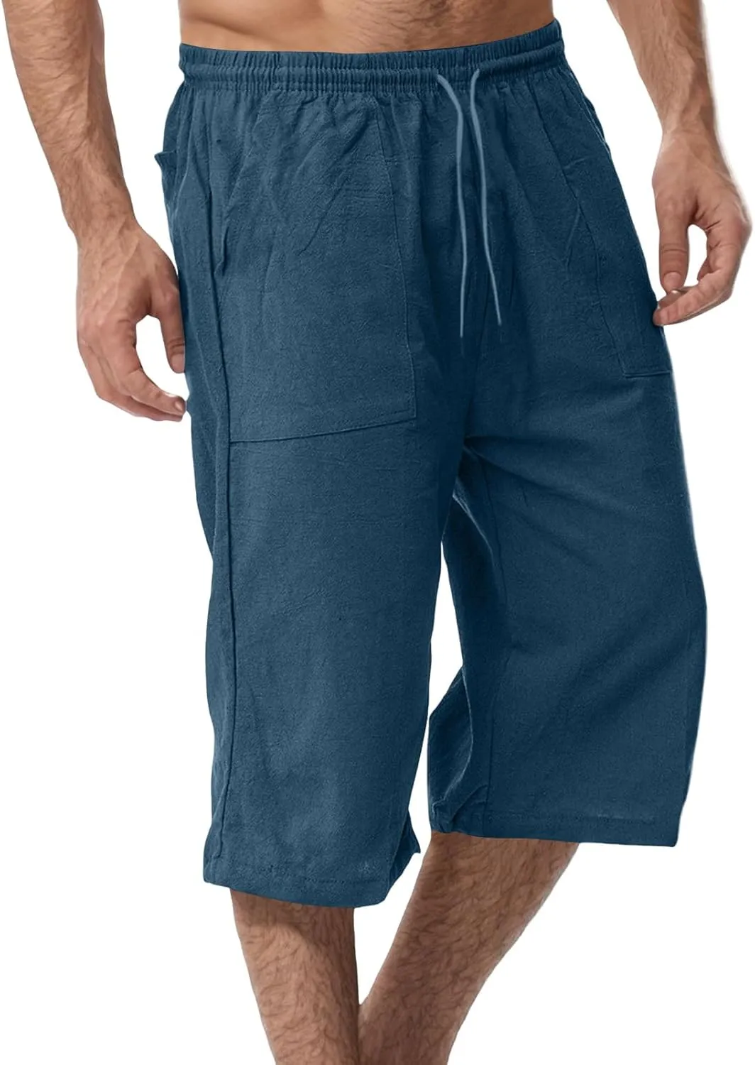 Men's Cotton Linen Pant Drawstring Capri Pants 3/4 Long Shorts for Men Lightweight Elastic Waist Casual Trousers