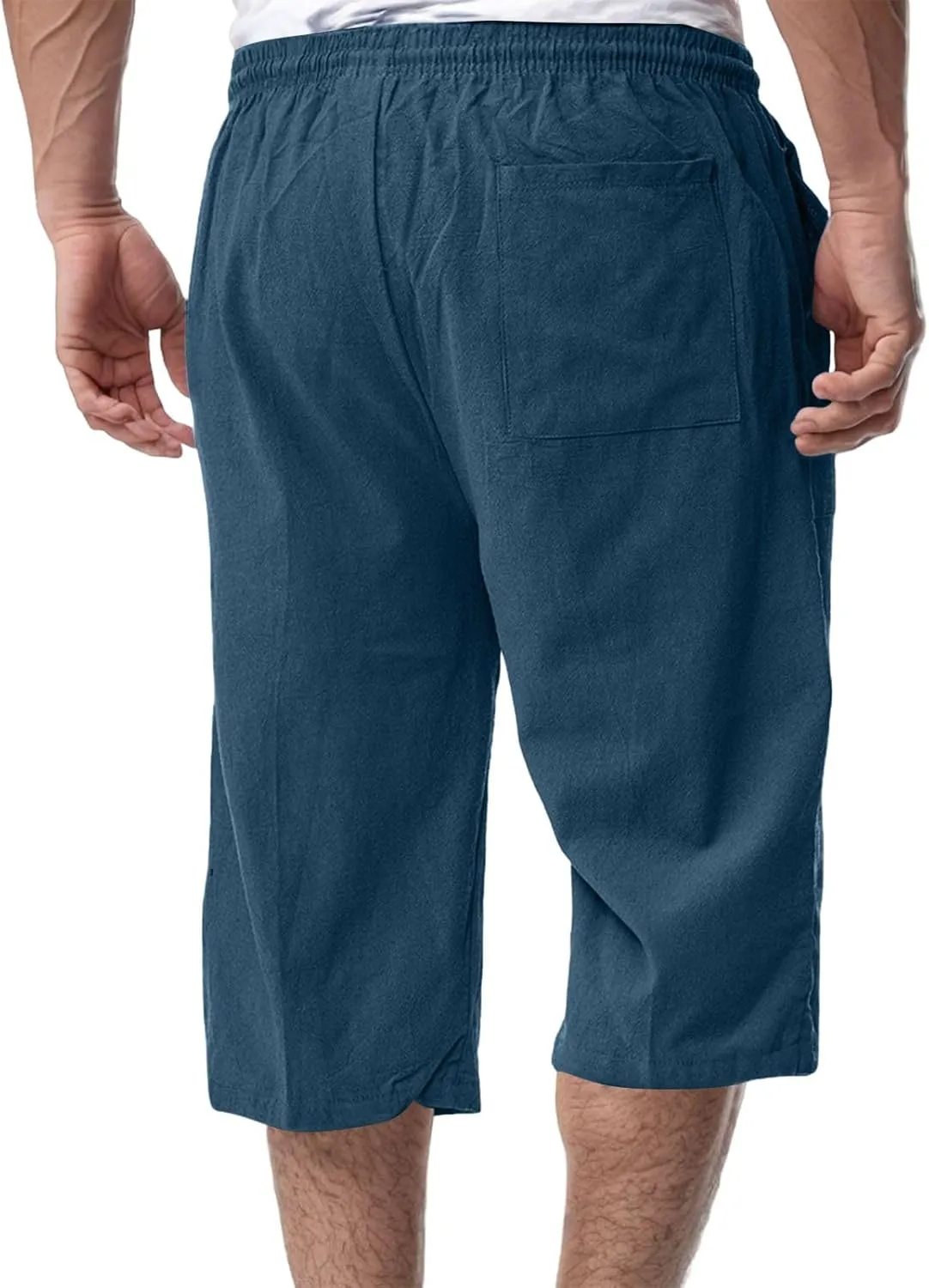 Men's Cotton Linen Pant Drawstring Capri Pants 3/4 Long Shorts for Men Lightweight Elastic Waist Casual Trousers