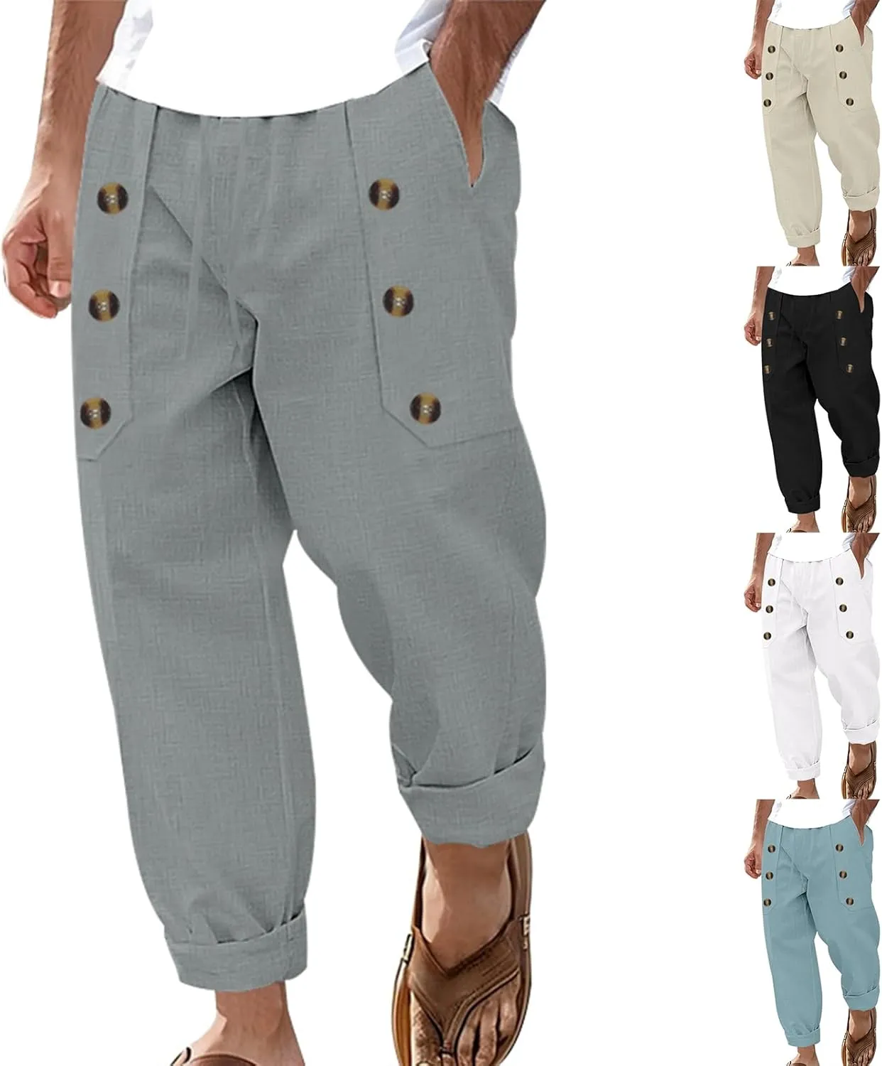 Men's Cotton Linen Pants Elastic Waist Drawstring Straight Leg Pants Casual Summer Lightweight Yoga Beach Trousers