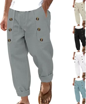Men's Cotton Linen Pants Elastic Waist Drawstring Straight Leg Pants Casual Summer Lightweight Yoga Beach Trousers