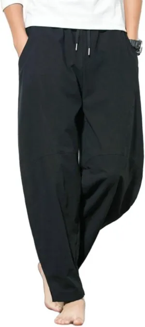 Mens Cotton Linen Pants Lightweight Loose Fit Elastic Waist Drawstring Straight Casual Sweatpants Workout Trousers