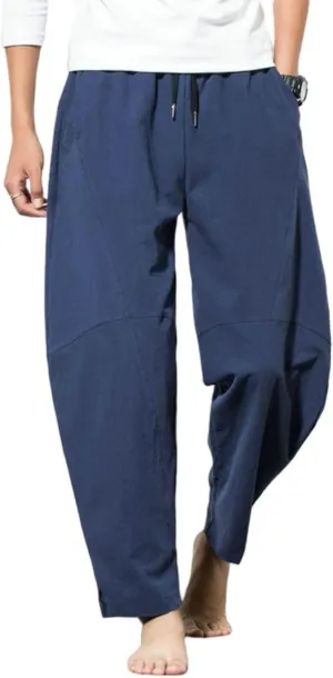 Mens Cotton Linen Pants Lightweight Loose Fit Elastic Waist Drawstring Straight Casual Sweatpants Workout Trousers