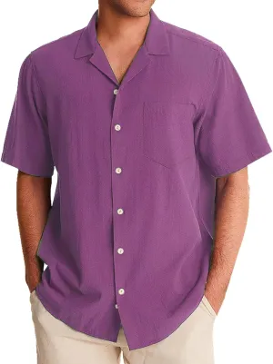 Men's Cuban Collar Shirt Solid Color Loose Fit Trendy Button Down Short Sleeve Top Summer Beach Vacation Party Breathable Tee