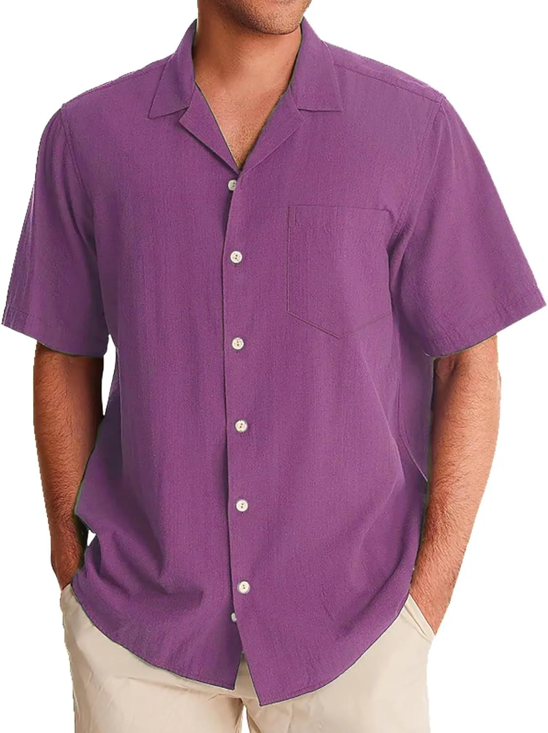 Men's Cuban Collar Shirt Solid Color Loose Fit Trendy Button Down Short Sleeve Top Summer Beach Vacation Party Breathable Tee