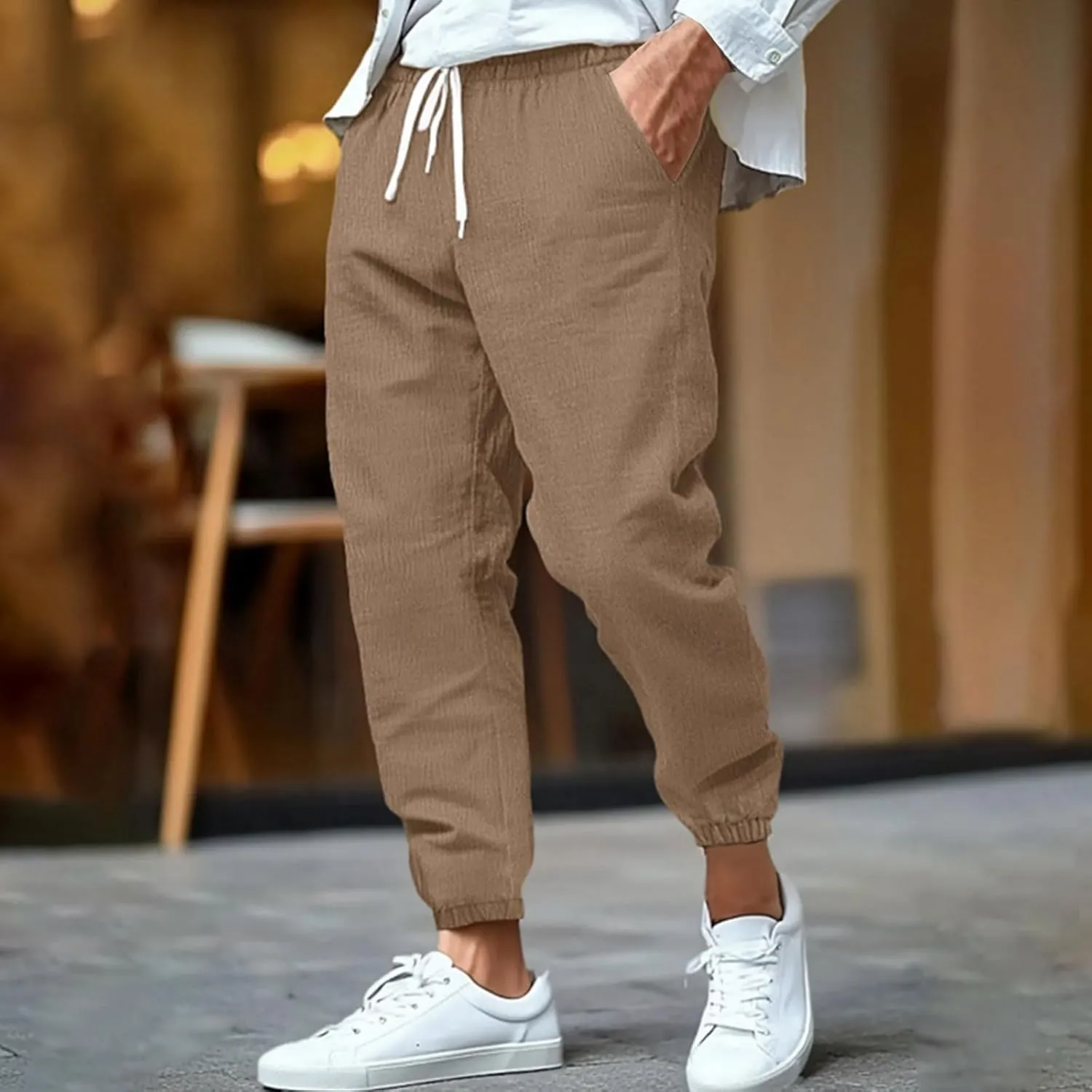 Mens Drawstring Elastic Waist Pants Cotton Linen Tapered Pants Lounge Lightweight Jogger Summer Beach Yoga Sweat Pant