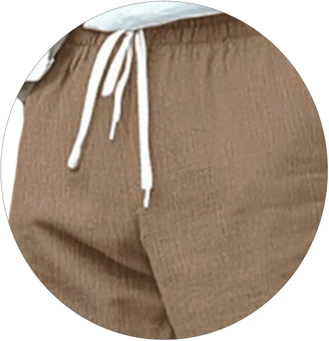 Mens Drawstring Elastic Waist Pants Cotton Linen Tapered Pants Lounge Lightweight Jogger Summer Beach Yoga Sweat Pant