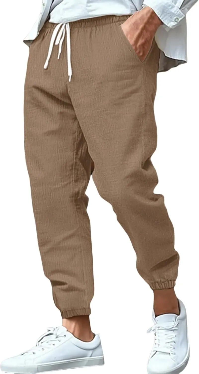 Mens Drawstring Elastic Waist Pants Cotton Linen Tapered Pants Lounge Lightweight Jogger Summer Beach Yoga Sweat Pant