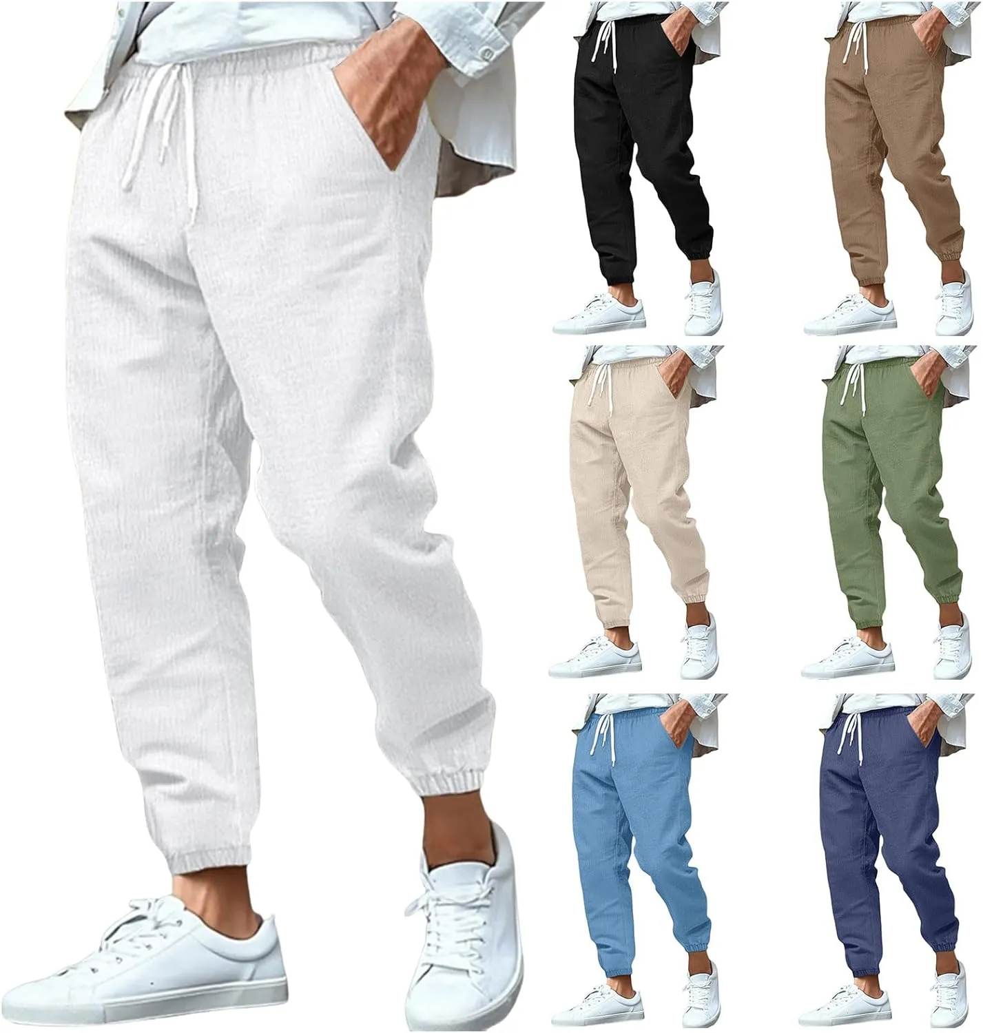 Mens Drawstring Elastic Waist Pants Cotton Linen Tapered Pants Lounge Lightweight Jogger Summer Beach Yoga Sweat Pant