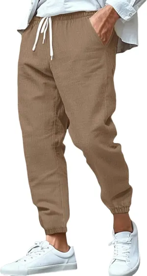 Mens Drawstring Elastic Waist Pants Cotton Linen Tapered Pants Lounge Lightweight Jogger Summer Beach Yoga Sweat Pant