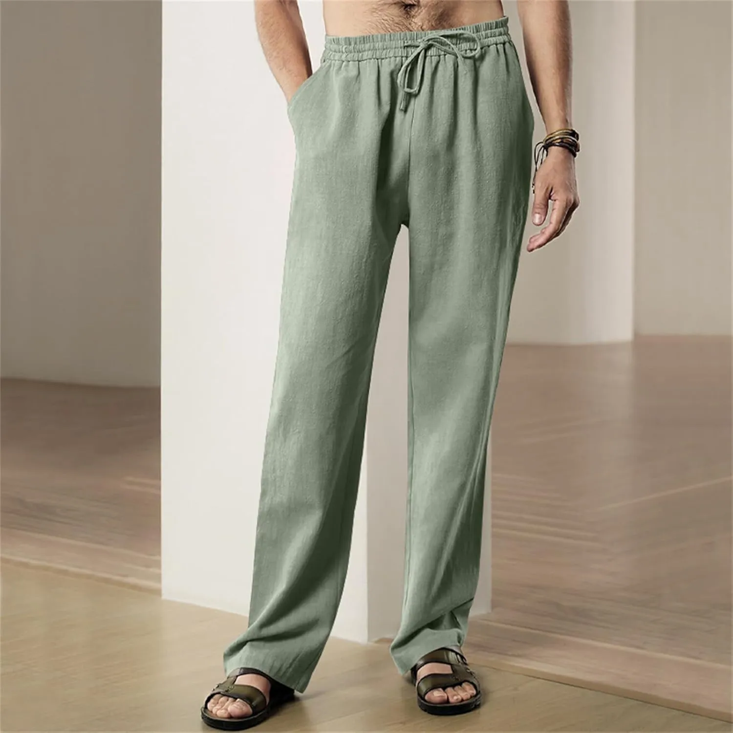 Mens Drawstring Elastic Waist Pants Linen Lightweight Casual Sweatpants Yoga Trousers Loose Fashion Beach Pajamas