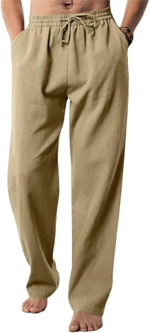 Mens Drawstring Elastic Waist Pants Linen Lightweight Casual Sweatpants Yoga Trousers Loose Fashion Beach Pajamas