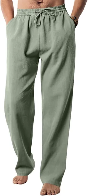 Mens Drawstring Elastic Waist Pants Linen Lightweight Casual Sweatpants Yoga Trousers Loose Fashion Beach Pajamas