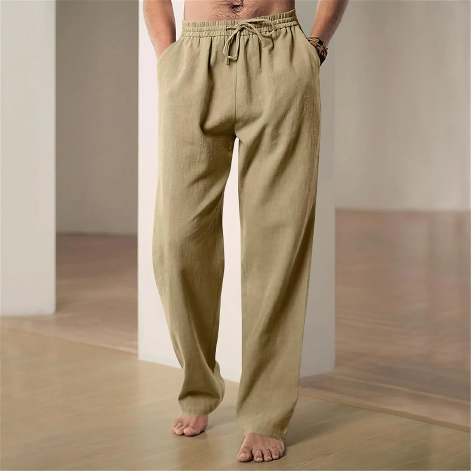 Mens Drawstring Elastic Waist Pants Linen Lightweight Casual Sweatpants Yoga Trousers Loose Fashion Beach Pajamas