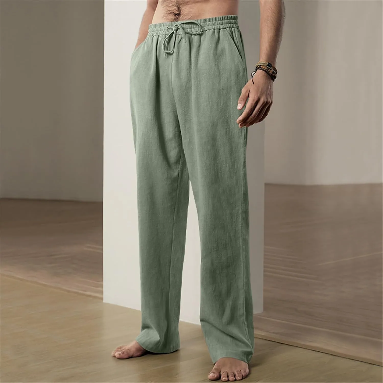 Mens Drawstring Elastic Waist Pants Linen Lightweight Casual Sweatpants Yoga Trousers Loose Fashion Beach Pajamas
