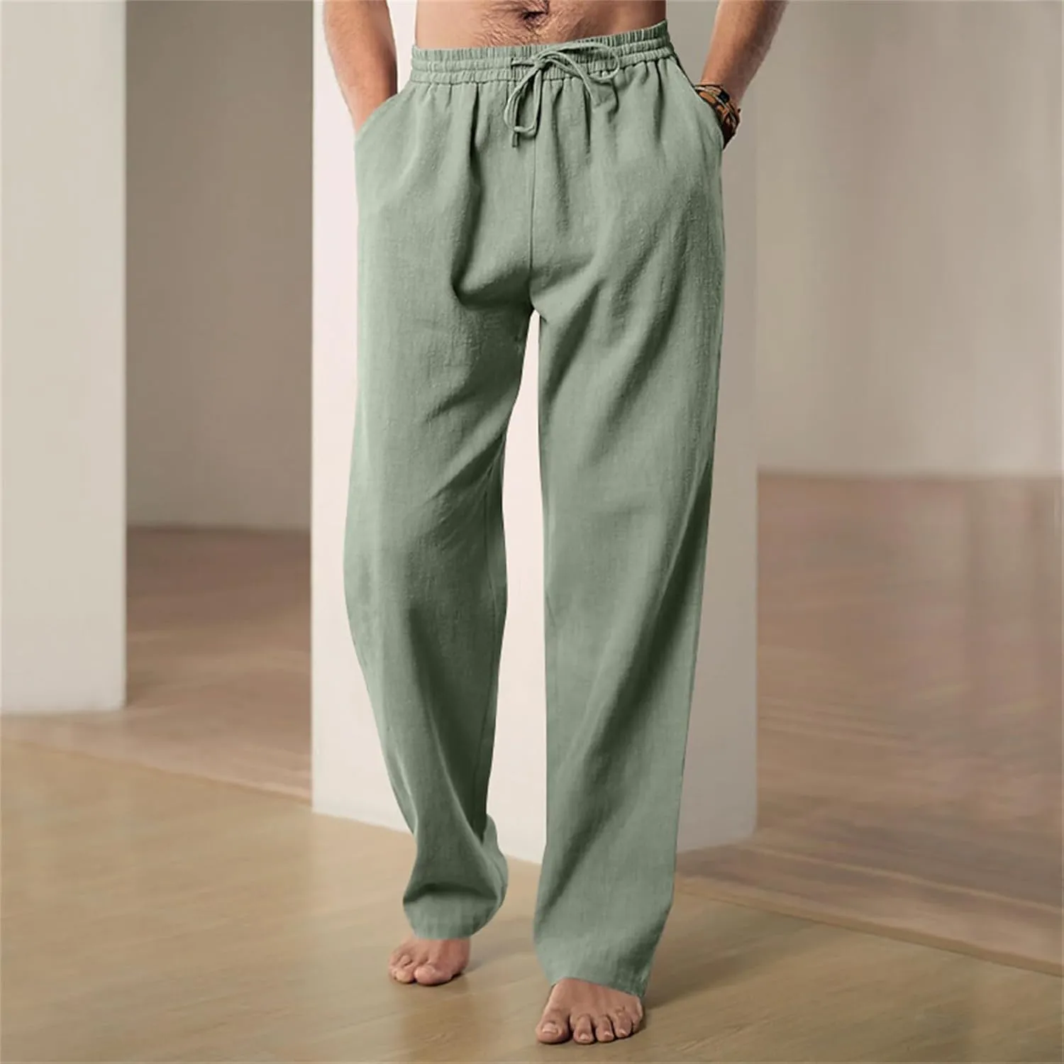 Mens Drawstring Elastic Waist Pants Linen Lightweight Casual Sweatpants Yoga Trousers Loose Fashion Beach Pajamas