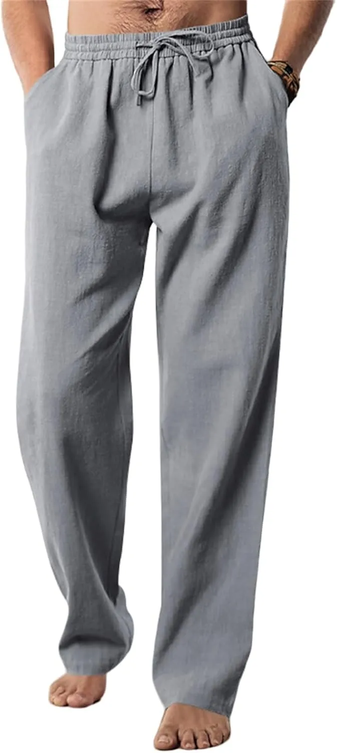 Mens Drawstring Elastic Waist Pants Linen Lightweight Casual Sweatpants Yoga Trousers Loose Fashion Beach Pajamas
