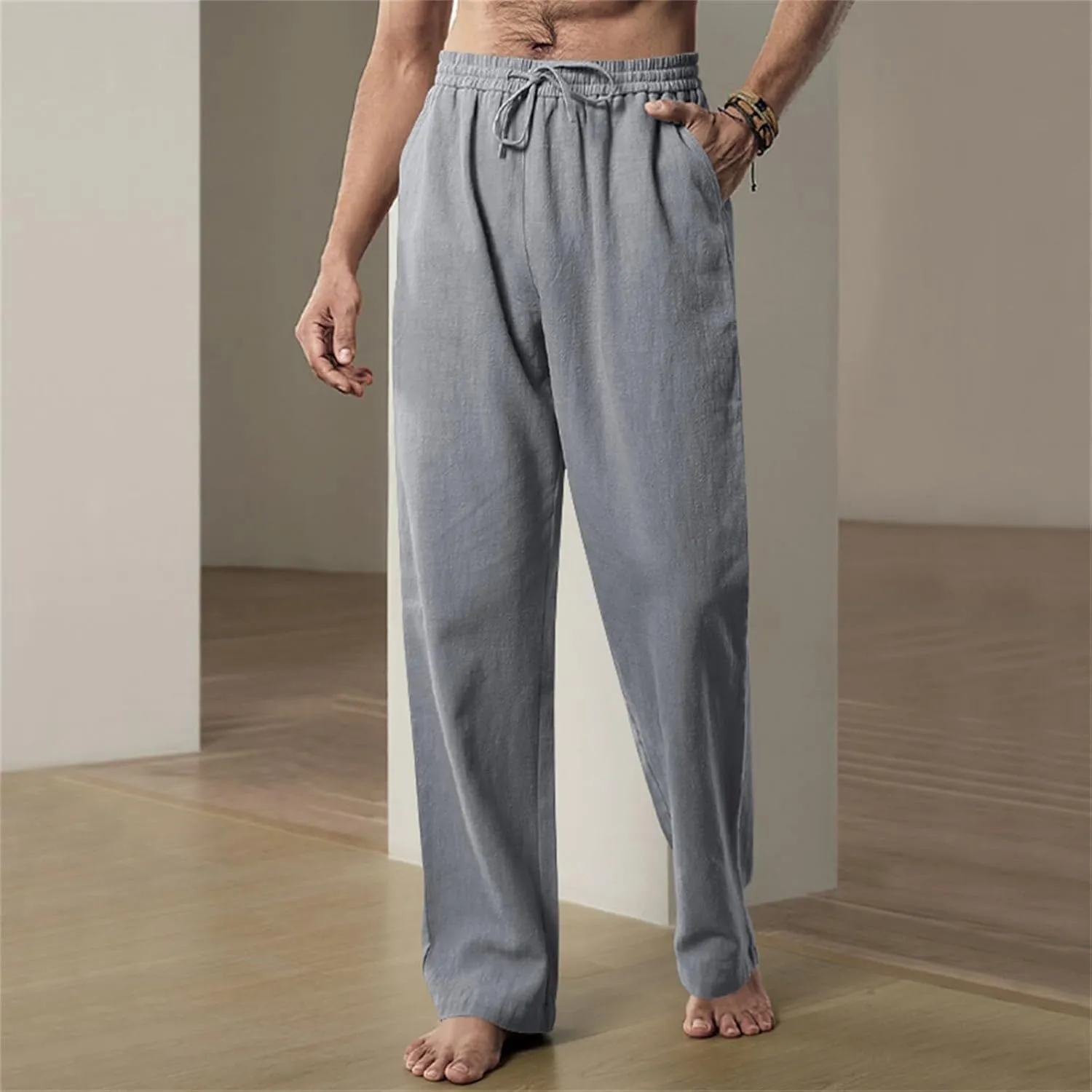 Mens Drawstring Elastic Waist Pants Linen Lightweight Casual Sweatpants Yoga Trousers Loose Fashion Beach Pajamas