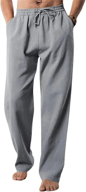 Mens Drawstring Elastic Waist Pants Linen Lightweight Casual Sweatpants Yoga Trousers Loose Fashion Beach Pajamas