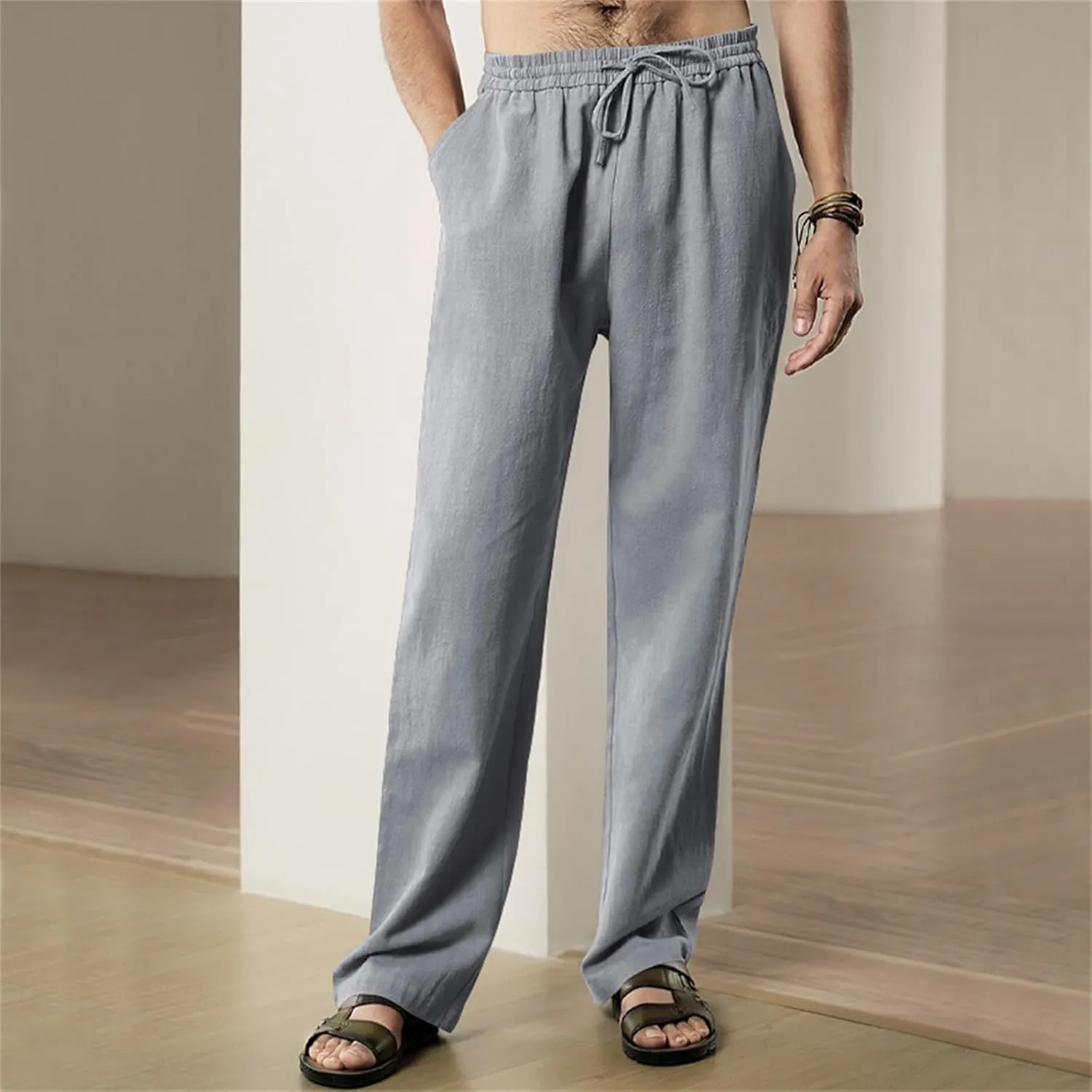 Mens Drawstring Elastic Waist Pants Linen Lightweight Casual Sweatpants Yoga Trousers Loose Fashion Beach Pajamas