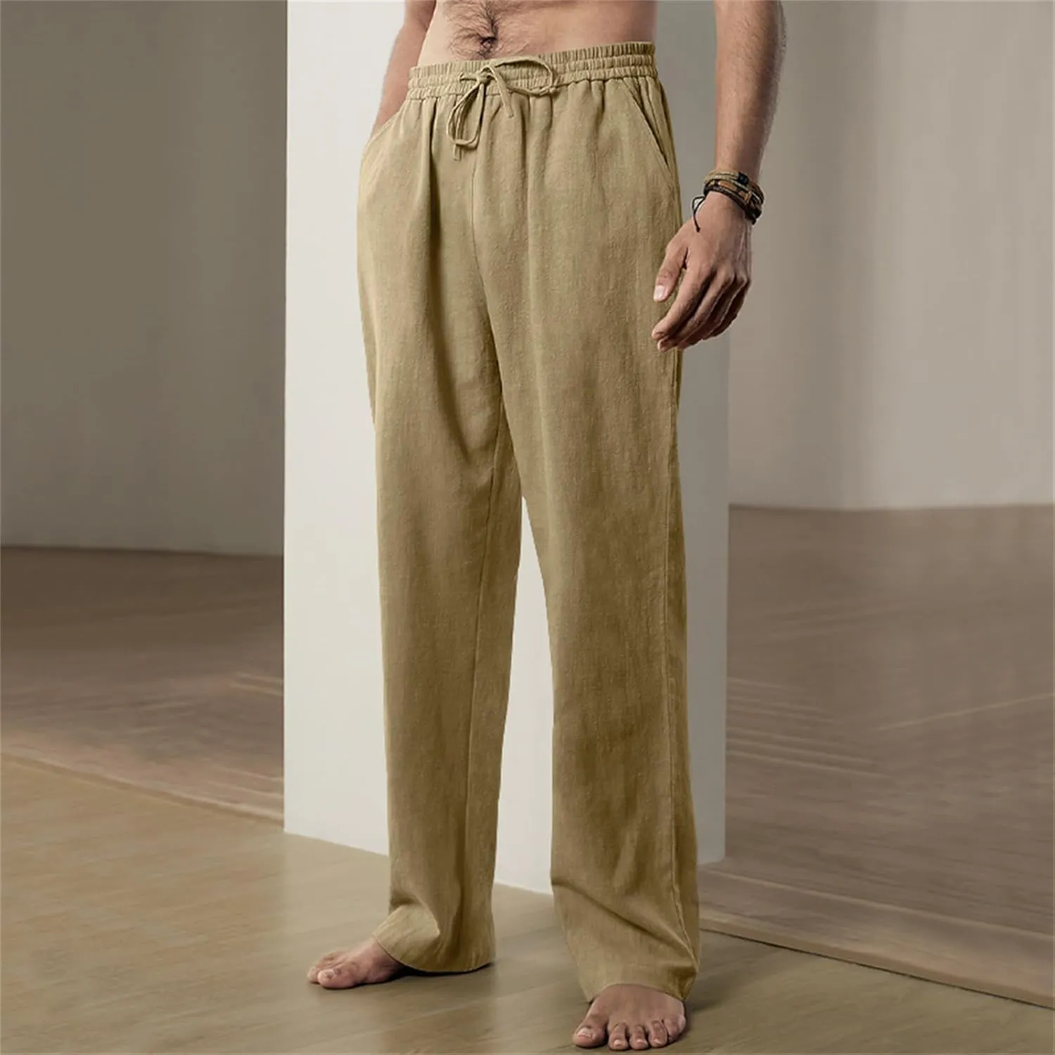 Mens Drawstring Elastic Waist Pants Linen Lightweight Casual Sweatpants Yoga Trousers Loose Fashion Beach Pajamas