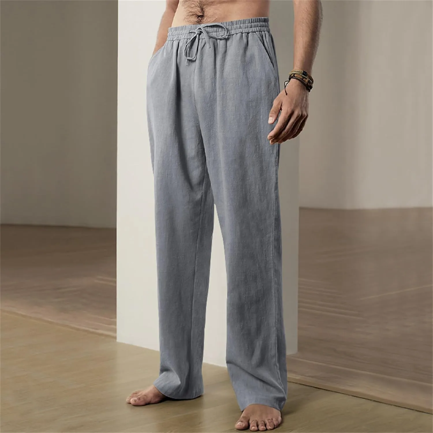 Mens Drawstring Elastic Waist Pants Linen Lightweight Casual Sweatpants Yoga Trousers Loose Fashion Beach Pajamas