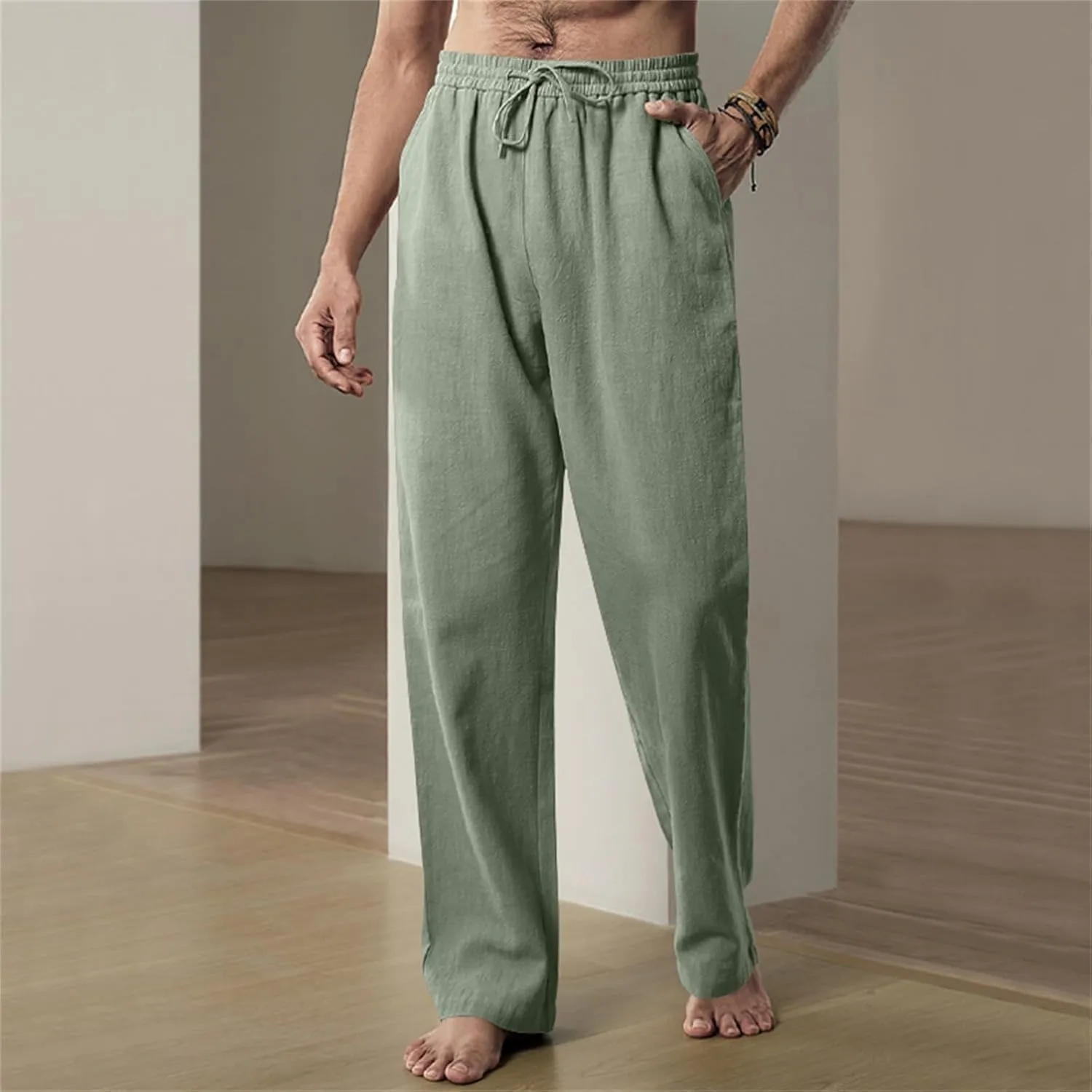 Mens Drawstring Elastic Waist Pants Linen Lightweight Casual Sweatpants Yoga Trousers Loose Fashion Beach Pajamas