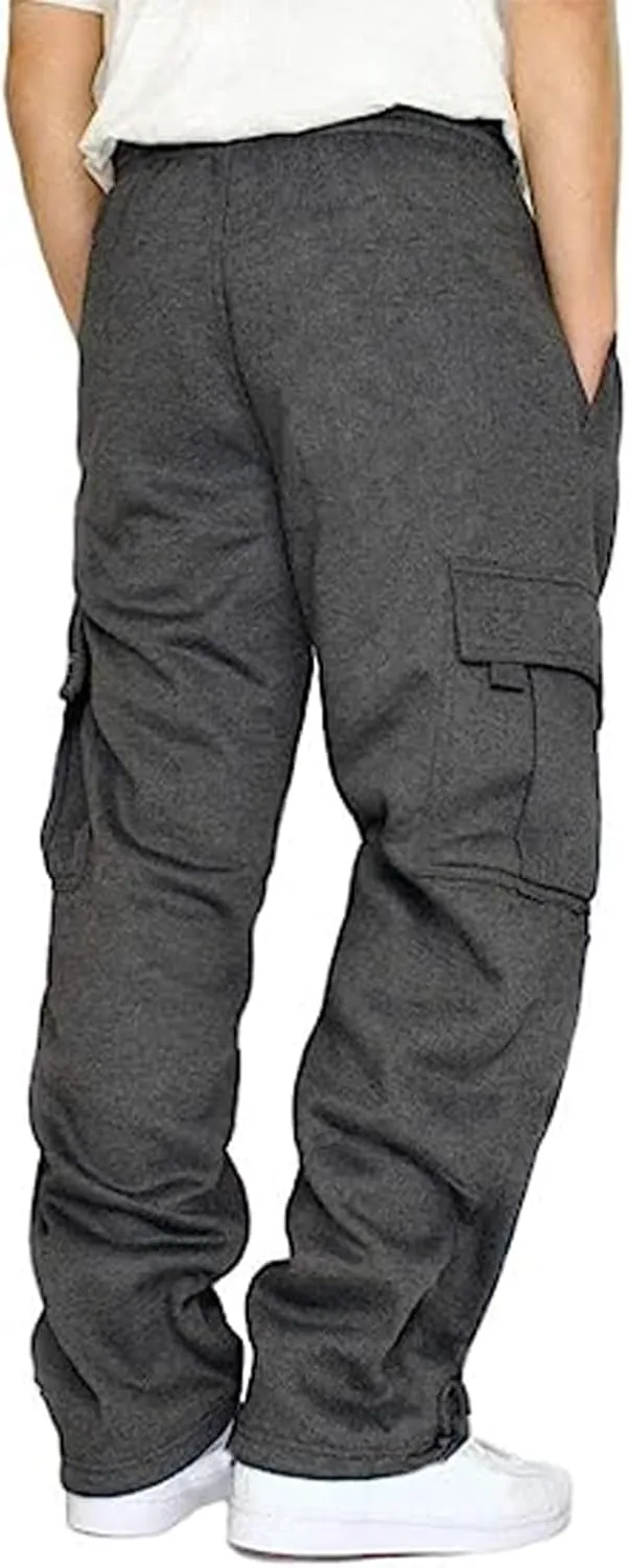 Mens Fleece Cargo Jogger Sweatpants for Adult Drawstring Loose Fit Joggers Sweat Pants with Pockets